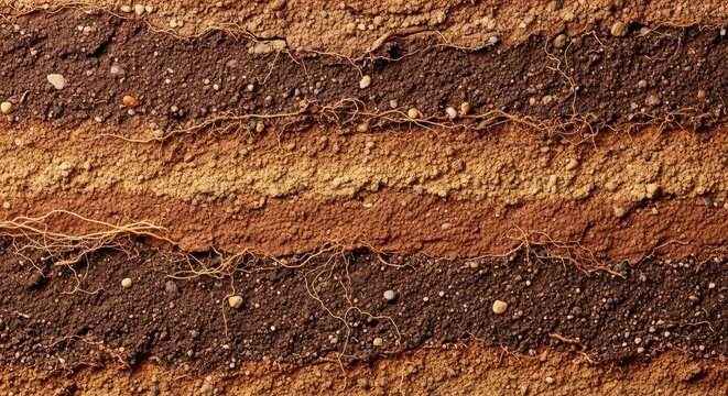 Macro view of layered, rich brown soil and earthy texture applied to a wall surface, creating an organic wallpaper background, terra, abstract, texture