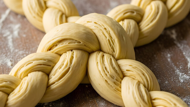 Close-up of raw braided challah dough on a wooden surface, ready for baking.