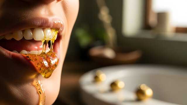 Close-up of woman's mouth with oil pulling, healthy teeth and gums, dental hygiene concept