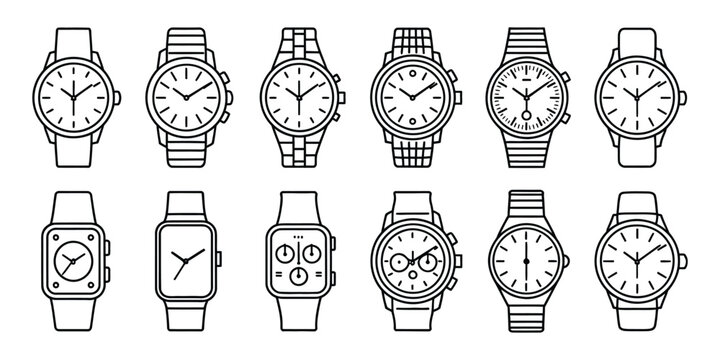 Watches and Wristwatches Icons with Analog Timepieces, Clock Faces, Luxury Accessories, and Vector Illustration for Timekeeping Design