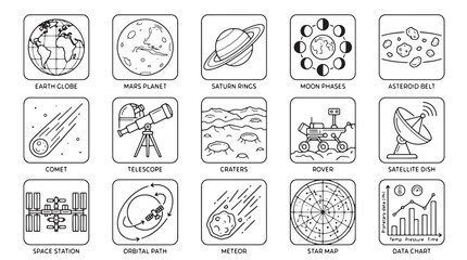 Fototapeta premium Space Icons, Astronomy Symbols, Black and White Vector Graphics, 16 Space Exploration Elements