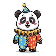 Obraz premium Cute Cartoon Panda Bear Wearing a Colorful Clown Costume with a Party Hat and Frilled Collar for Childrens Birthday Party Celebration Graphics