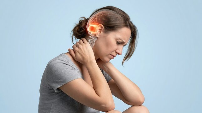 Woman experiencing intense localized head pain sits with her hands clutched around her neck as a glowing digital overlay highlights the focal point of her neurological tension and discomfort.