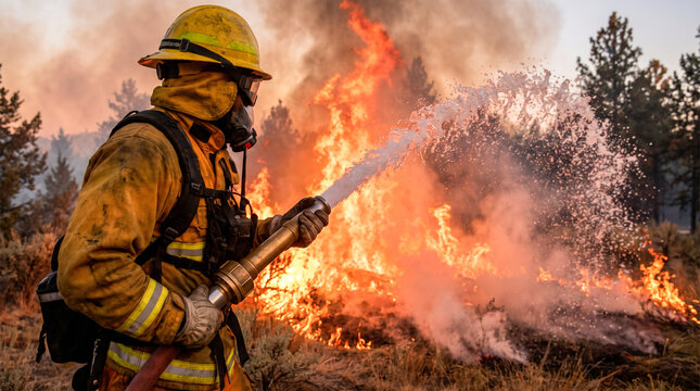 Bombero forestal extinguiendo un intenso frente de llamas con una potente manguera en calidad hiperrealista.