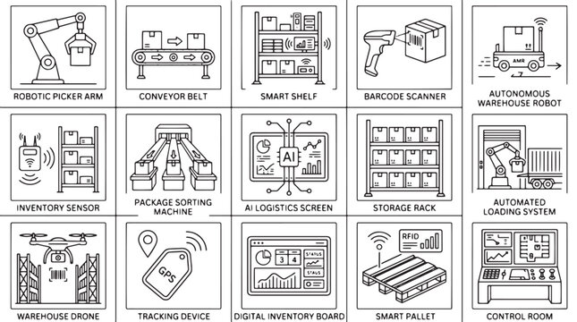 Logistics icons, warehouse management, inventory control, 16 industrial symbols