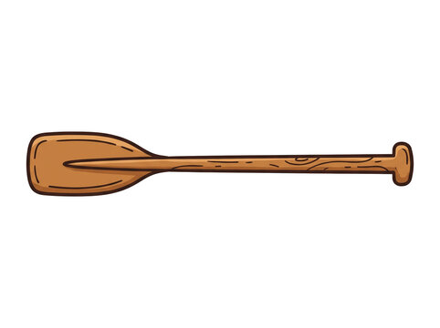 Detailed hand drawn illustration of a classic wooden canoe paddle featuring textured grain patterns and dark ink outlines depicted in a horizontal orientation presented as a singular icon on transpare