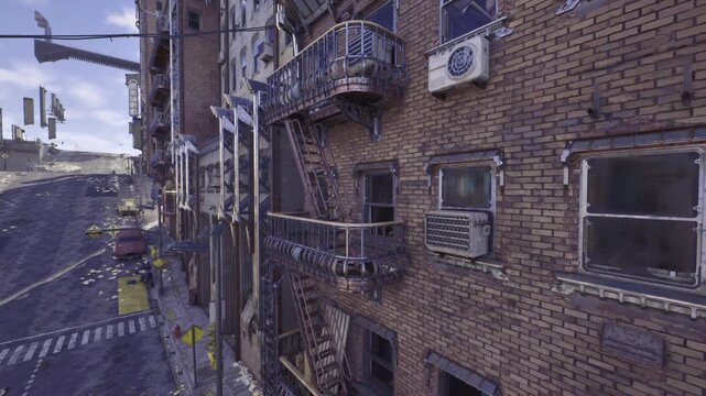 urban brick facade with balconies and narrow street, layered pipes and weathered windows, morning light casting long shadows, cracked plaster and scattered