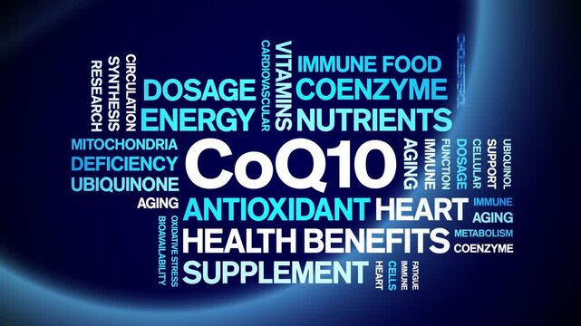 CoQ10 animated word cloud-text design animation tag kinetic typography seamless loop.