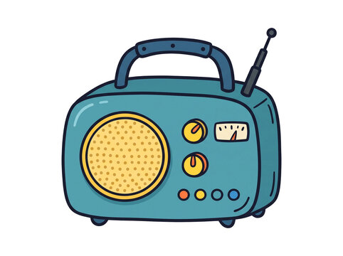 Vintage style portable radio featuring a classic blue casing with yellow speaker grille and retractable antenna drawn in a cute hand illustrated cartoon aesthetic style for projects on transparent bac