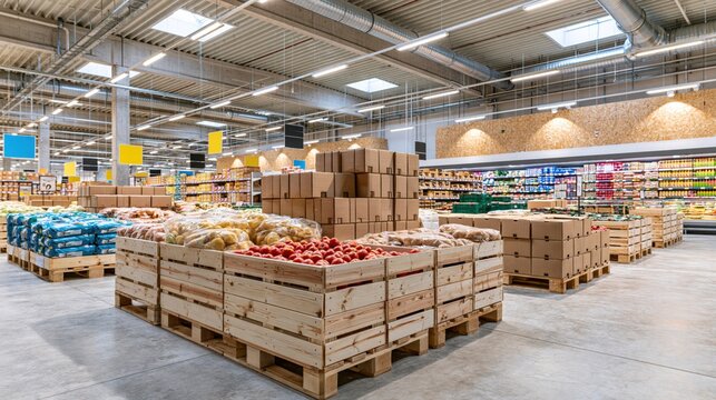 Modern grocery store interior with fresh produce displayed on pallets and shelves