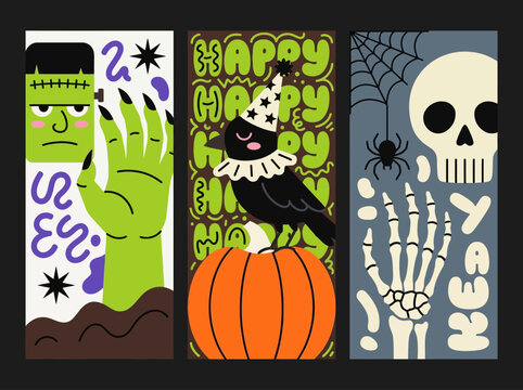 Modern Halloween Vertical Banners with Frankenstein, Crow on Pumpkin, and Skull Skeleton