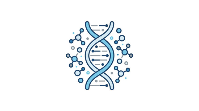 Abstract DNA helix with molecular structures and icons.