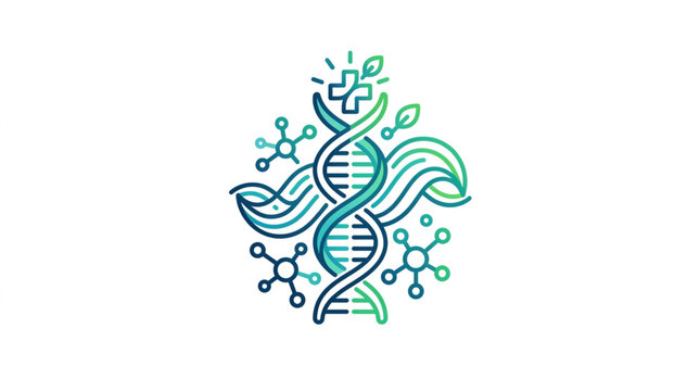 Abstract DNA helix with molecular structures and leaves.