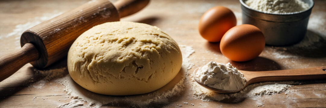 Wide banner with copy space for text cook preparing baking dough bakery background AI Generative