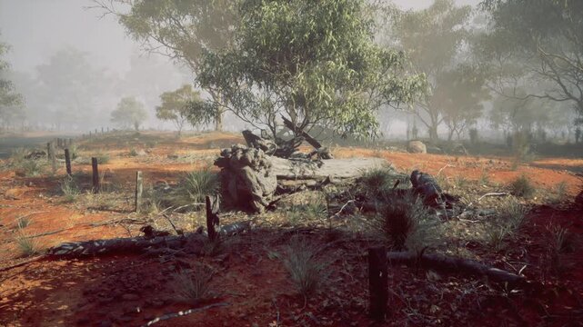 Soldier crouching behind tree, muddy battlefield at dawn recon scout pauses in foggy trench line, worn helmet, soaked uniform, scorched grass, scattered