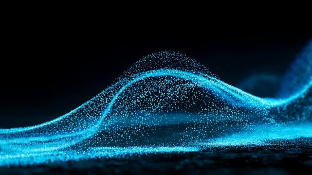Glowing blue digital wave composed of particles. Abstract streaming data flow moving across black background. Cyberspace connection and network technology concept.