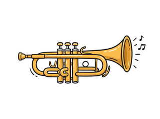 Obraz premium Bright yellow brass trumpet musical instrument featuring detailed valves and shiny metallic finish with musical notes floating around the bell rendered in a stylized flat vector graphic on transparent