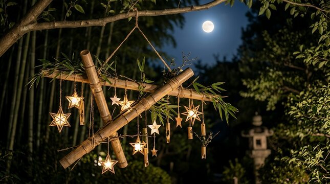 Decorative bamboo star lanterns hanging in a garden at night under a full moon.