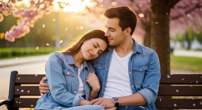 Romantic young couple cuddling on bench under blooming trees.