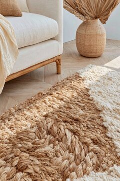 Close-up of a hand-knotted jute rug with a textured surface, featuring a light color palette, placed beside a beige sofa and decorative vase in a modern interior setting