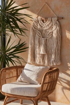 Closeup of a large macrame wall hanging in natural tones displayed above a rattan chair with a cushion, surrounded by indoor plants and warm wall colors