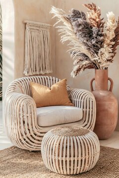 Boho living room corner featuring a rattan armchair with a cushion, a round rattan pouf, and a large vase filled with dried flowers against a textured wall