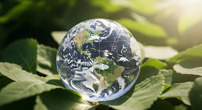 A shiny silver bitcoin coin resting on a vibrant green leaf in a sunny forest outdoors representing the future of digital money and sustainable global cryptocurrency investment finance