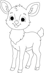 Obraz premium Cute deer coloring page featuring a friendly woodland deer in simple black-and-white line art. Perfect for kids, preschool activities, homeschooling, classrooms, and coloring books.