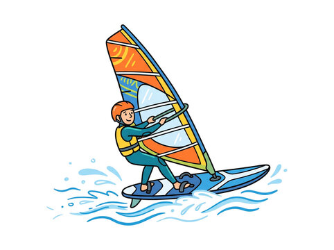 A vibrant cartoon illustration of a skilled windsurfer balancing on a surfboard while holding a large colorful sail during an active session of water sports action on transparent background.