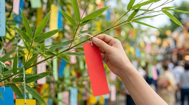 Person hanging colorful paper wish on bamboo branch during Tanabata festival.