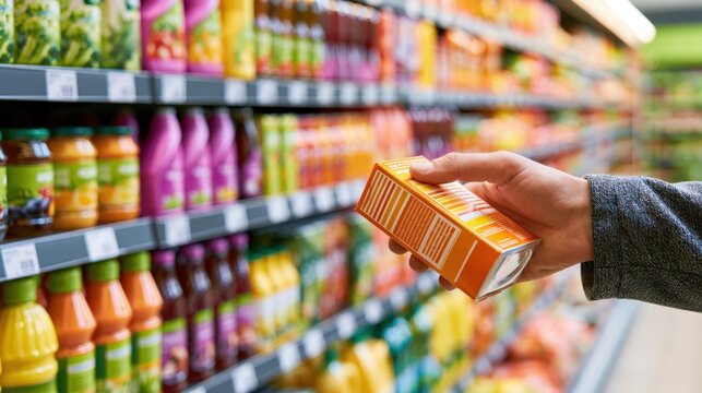 Customer's hand reaching for a store-brand item on a supermarket shelf