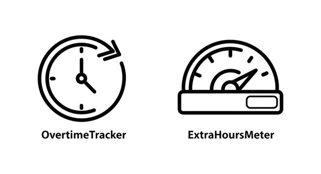 Overtime tracker and extra hours meter time management icons with overtime management business schedule deadline productivity efficiency indicator minimalist professional planning