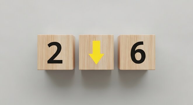 Three wooden blocks showing the number twenty six with a yellow arrow icon pointing down representing a decrease or decline in statistics or business data performance trends