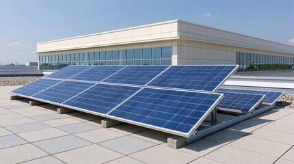 Obraz premium Rooftop solar panels on a modern commercial building providing sustainable energy