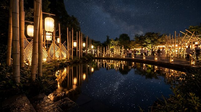 Traditional Japanese bamboo garden illuminated with glowing paper lanterns at night.