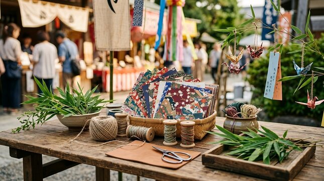 Traditional Japanese craft market stall with handmade goods and bamboo decorations.