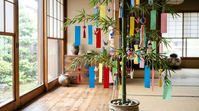 Traditional Japanese Tanabata Festival Bamboo Decoration Inside A Zen Room.