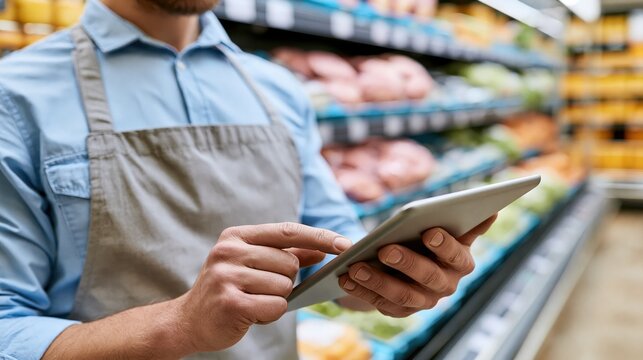 Supermarket employee using tablet to scan expiring items on shelves