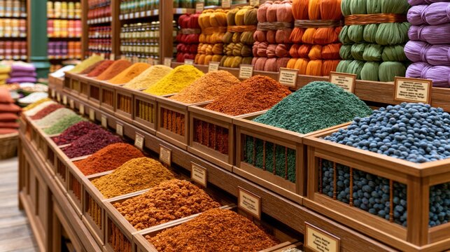 Vibrant Middle Eastern grocery store interior with colorful spices and herbs