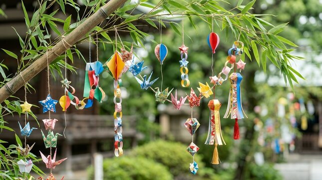 Colorful Japanese glass wind chimes hanging from a tree branch in a garden.