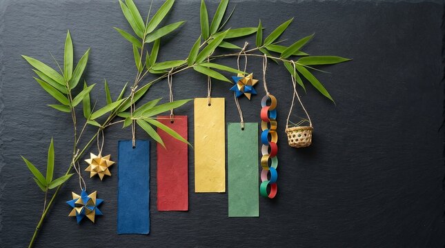 Colorful Japanese Tanabata Festival Decorations Hanging From Bamboo Branches.