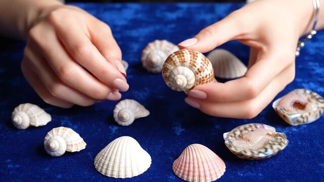 Hands arrange delicate seashells on royal blue velvet