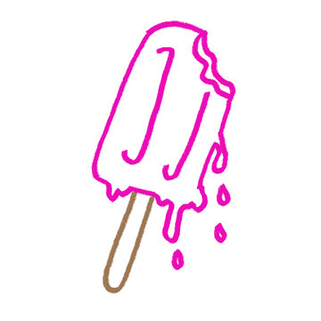 Pink outlined popsicle melting with drips on white background.