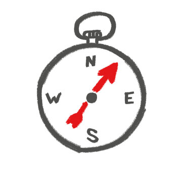 Hand-drawn compass with red needle, black ink outline, white background.