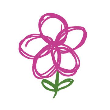 Hand-drawn pink flower with green stem on white background.