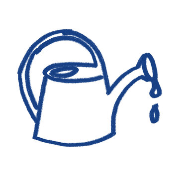 Blue hand-drawn watering can sketch, minimalist style, isolated white background