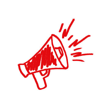 Red crayon sketch of a megaphone emitting sound waves. Simple hand-drawn style, bold red lines on white background