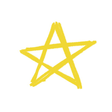 Hand-drawn yellow five-pointed star on plain white background. Simple sketch style with visible crayon strokes