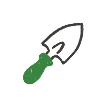 Hand-drawn garden trowel with green handle and black outline.
