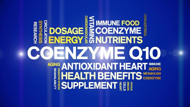Coenzyme Q10 animated word cloud-CoQ10 text design animation tag kinetic typography seamless loop.